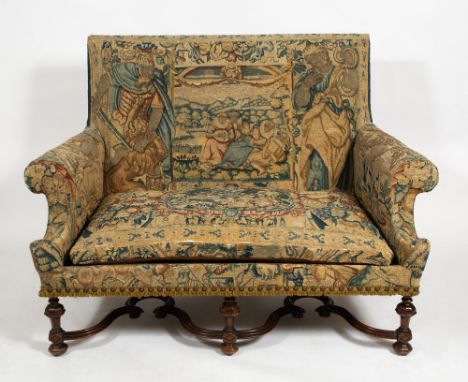 A 19TH CENTURY WILLIAM AND MARY STYLE WALNUT FRAMED SETTEE upholstered in antique Flemish tapestry, 148cm wide x 84cm deep x 