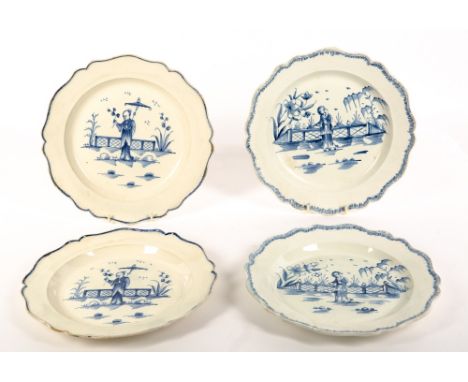 A PAIR OF 18TH CENTURY PEARLWARE PLATES OF SILVER FORM decorated in cobalt blue with an Oriental figure beneath a parasol, 25