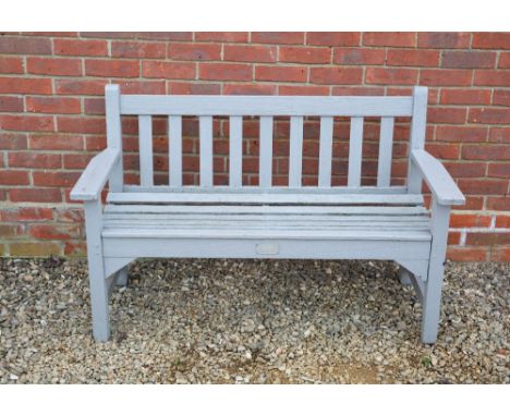 A GREY PAINTED TEAK LISTER &amp; CO GARDEN BENCH 128cm wide x 59cm deep x 81.5cm high Condition: wear to the paint, some sign