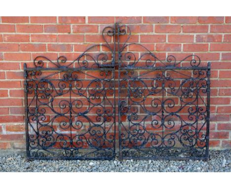 A PAIR OF BLACK PAINTED WROUGHT IRON GARDEN GATES with scrolling decoration, each gate approximately 77cm wide x 120cm high C