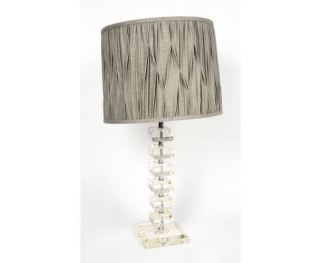 A CONTEMPORARY GLASS AND CHROME SQUARE SECTION TABLE LAMP the base 14cm wide, the lamp 43.5cm high to the top of the fitting,