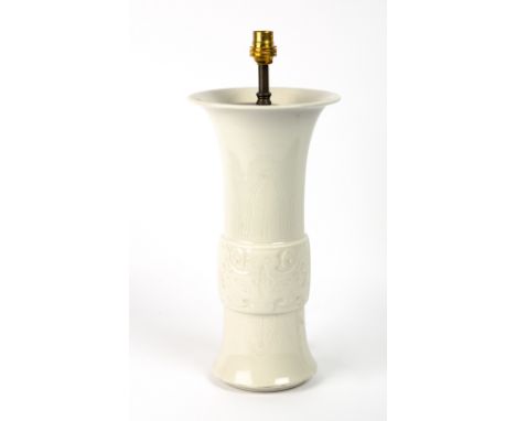 A CONTEMPORARY BLANC DE CHINE GU FORM VASE converted for use as a table lamp, 19cm diameter x 39cm high Condition: drilled fo