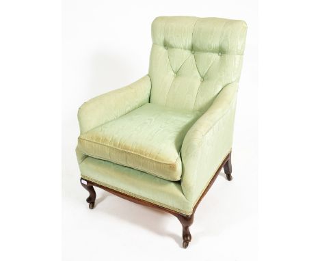 AN EDWARDIAN GREEN SILK BUTTON UPHOLSTERED ARMCHAIR 73cm wide at the arms x 74cm deep x 95cm high at the back x 48cm high at 