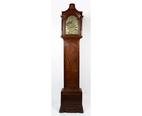 A GEORGE III MAHOGANY LONG CASE CLOCK by Joseph Herring of London, the arching hood with outset fluted columns, the trunk wit