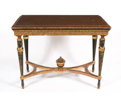 A 19TH CENTURY FRENCH RECTANGULAR CENTRE TABLE with marble inset top and gilt and painted frame with gesso moulded frieze, le