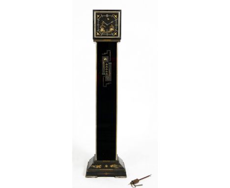 AN ART DECO BLACK LACQUERED AND CHINOISERIE DECORATED SMALL SIZE LONGCASE CLOCK with chrome plated mounts, the sides and fron