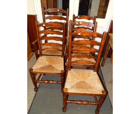 SET OF 4 LADDER BACK RUSH SEATED DINING CHAIRS AND A MATCHING CARVER  (please check important sale information regarding sale