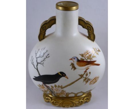 ROYAL WORCESTER 'PILGRIM FLASK' VASE WITH BIRD AND DRAGONFLY DECORATION, APPROX. 19.5 cm