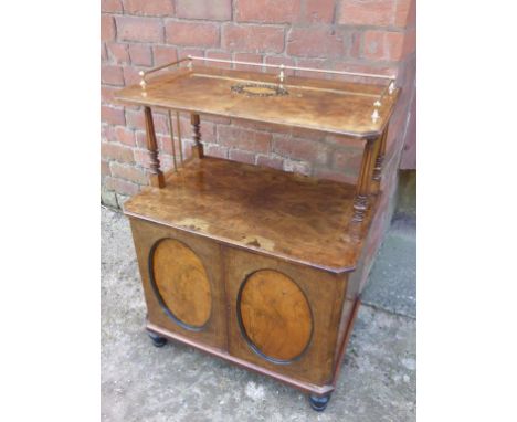 VICTORIAN BURR WALNUT SIDE CABINET/ BUFFET WITH GALLERIED SHELF ABOVE CUPBOARD BASE WITH DOUBLE DOORS  (please check importan