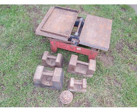 SET OF SACK SCALES AND MISC. WEIGHTS  (please check important sale information regarding sale room clearance)