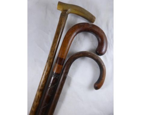 AFRICAN HARDWOOD WALKING STICK WITH HORN HANDLE AND 2 OTHERS