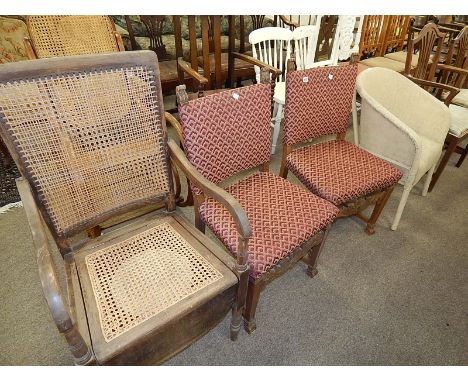 2 CARVED OAK UPHOLSTERED CHAIRS, LLOYD LOOM TYPE CHAIR AND A CANED COMMODE CHAIR  (please check important sale information re