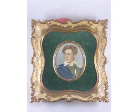OVAL PORTRAIT MINIATURE LABELLED 'SIGNED ORIGINAL MINIATURE OF LORD BYRON' IN ORNATE FRAME, INDISTINCT SIGNATURE