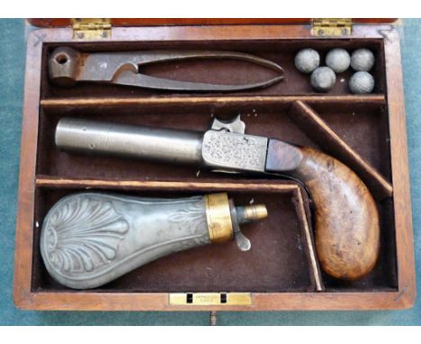 'MAN STOPPER' PERCUSSION PISTOL WITH FOLDING TRIGGER, SCREW OFF BARREL, ENGRAVED ACTION, WALNUT GRIPS, APPROX. 15 mm BORE, CA