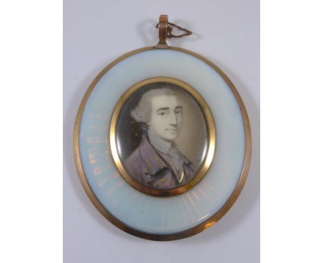 OVAL PORTRAIT MINIATURE OF GENTLEMAN IN PERIOD COSTUME WITH GUILLOCHE BORDER AND HAIR LOCKET BACK, S.P. MONOGRAM (SAMUEL POLA