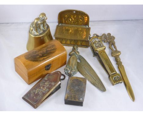 MISC. COPPER AND BRASSWARE INC. LETTER CLIP, SPANIEL BELL, LONGCASE CLOCK NUT CRACKERS ETC. AND A MAUCHLINE WARE MOUNT ORGUEI