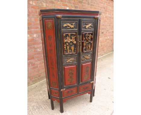 20TH CENTURY CHINESE MARRIAGE CABINET, RED LACQUERED AND DEEP RELIEF CARVED PANEL DECORATION, APPROX. 150 cm  (please check i