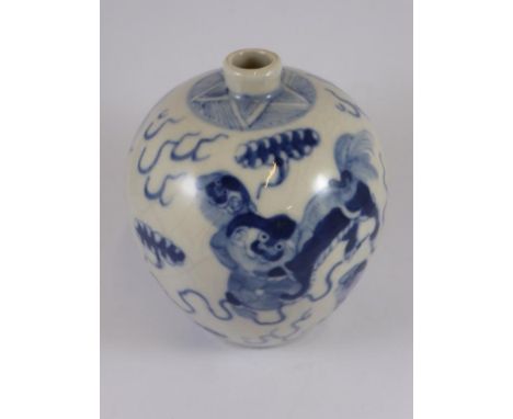 CHINESE MINIATURE BLUE AND WHITE OVOID VASE WITH KANGXI STYLE 6 CHARACTER MARK TO BASE