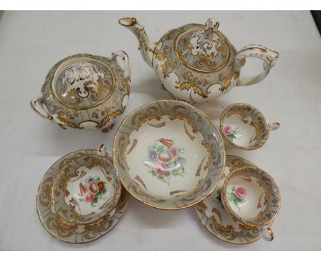 ROCKINGHAM ? PART TEA SERVICE INC TEA POT, MILK, SLOP, 9 SAUCERS, 12 CUPS, 6 COFFEE CANS, TEA PLATE BREAD & BUTTER PLATE, SOM