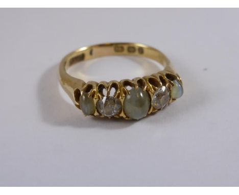 DIAMOND AND CHRYSOBERYL CATS EYE 5 STONE HALF HOOP RING, H/M 18ct YELLOW GOLD, SET WITH 3 OVAL CHRYSOBERYL AND 2 BRILLIANT CU