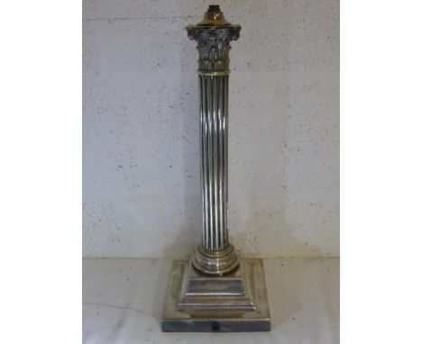 SILVER PLATED CORINTHIAN COLUMN OIL LAMP, APPROX. 50 cm