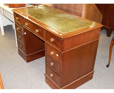 TWIN PEDESTAL MAHOGANY DESK WITH TOOLED LEATHER TOP  (please check important sale information regarding sale room clearance)