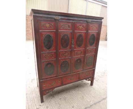 20TH CENTURY CHINESE CABINET, RED LACQUERED WITH DECORATIVE PANELS, APPROX. 185 X 150 cm, WAX SEAL TO REAR (please check impo