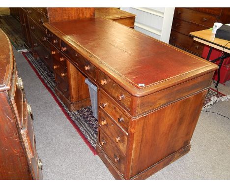 PEDESTAL DESK WITH TOOLED LEATHER TOP , BOTH PEDESTALS WITH 3 DRAWERS  (please check important sale information regarding sal