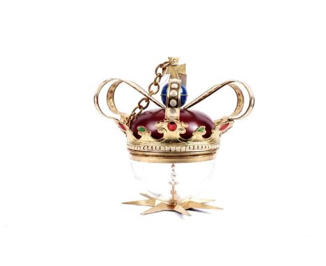 A reproduction Tell-Tale or Admiral's compass, enamelled gimble above engraved glass dome, and paper card compass.