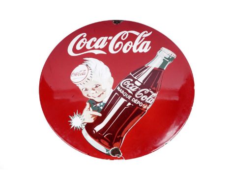 A Coca-Cola enamel advertising sign, of vintage design, 50cms diameter.