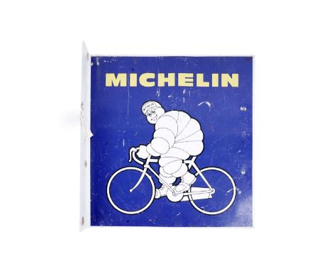 A Michelin enamel advertising sign, illustrating Mr Bibendum riding a bicycle, 48 x 45cms wide.