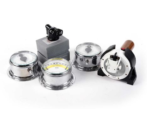 A Sestrel handheld compass, marked 'SIRS/603585/001'; three chrome plated Sestrel gauges; and a small boxed Sestrel compass R