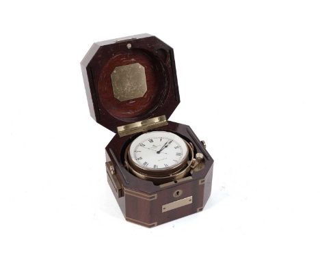 A mid-20th century Baume &amp; Mercier marine chronometer, with quartz movement, in brass bound mahogany case, and original f