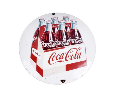 A Coca-Cola enamel advertising sign, illustrating a six-pack of Coke bottles, 50cms diameter.