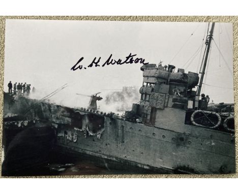 Bill Watson MC: 8x12 inch photo of HMS Campbeltown rammed into the docks as St Nazaire, signed by Lt Bill 'Tiger' Watson MC w