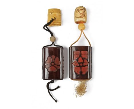 dating: 19th Century provenance: Japan, Both decorated with reddish lacquer and window decoration, one representing a mon. Bo