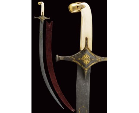 dating: 18th Century provenance: Persia, Curved, single-edged, fine damask blade with central groove and another groove on th