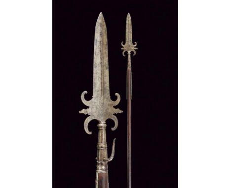 dating: 18th Century provenance: Europe, Cusp-blade with central rib; pitting areas. Provided with triple wings, those on the