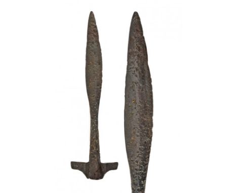 dating: 9th Century provenance: Central Europe, Spearhead with leaf-shaped cusp, ribbed at the center and tapered at the coll