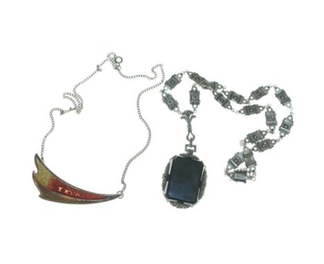 Art Deco style silver and marcasite cocktail necklace stamped EEHA Sterling and a silver and enamel necklace 