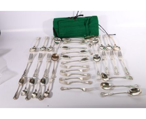 Double struck King's pattern table flatware comprising servings spoon, six table spoons, six table forks, six soup spoons, si