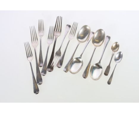 Part suite of silver rat-tail flatware comprising table fork, five silver dessert forks and four dessert spoons by&nbsp;Gee &