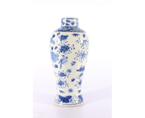 19th Century Chinese Mei Ping blue and white vase decorated with butterflies, birds and flowers, diaper and floral band to th