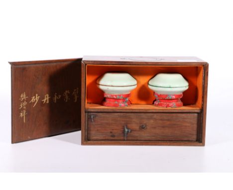 Early 20th century Chinese seal box with ceramic wax dishes and three soapstone chops, the wooden box with brass carrying han