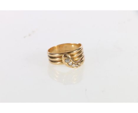 18ct gold snake ring set with five graduated diamonds, the largest approximately 0.1ct, hallmarks for London, maker EK?, ring