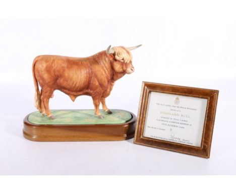 Royal Worcester porcelain model of a Highland Bull modelled by Doris Lindner on wooden plinth base with certificate of authen