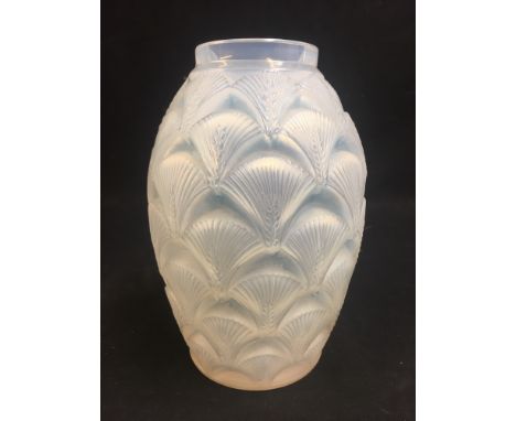 French Herblay pattern opaque glass vase etched to base R Lalique France 17.5cm tall Small possible crack/internal scratch li