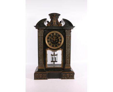 Large antique black slate mantle clock of architectural form, the works stamped for Samuel Marti and retailer Muirhead Glasgo