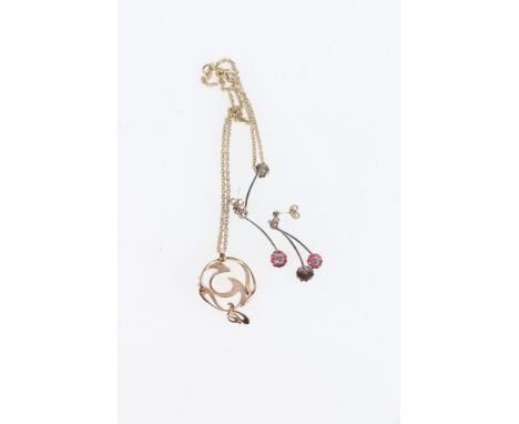9ct gold pearl set pendant by Ola Marie Gorie on fancy ring link chain, 8.1g gross and a pair of silver and enamel earrings i
