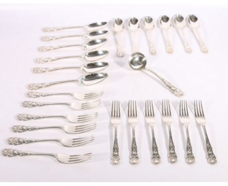 Partial suite of double struck King's pattern flatware comprising six table spoons, six table forks, six dessert spoons, six 